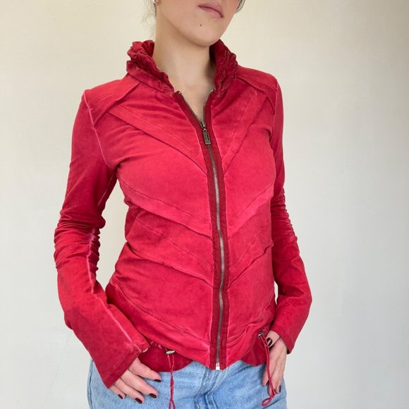 XS - Y2K Yest Red Ruched Ruffled Zip Up Jacket - Picture 1 of 5